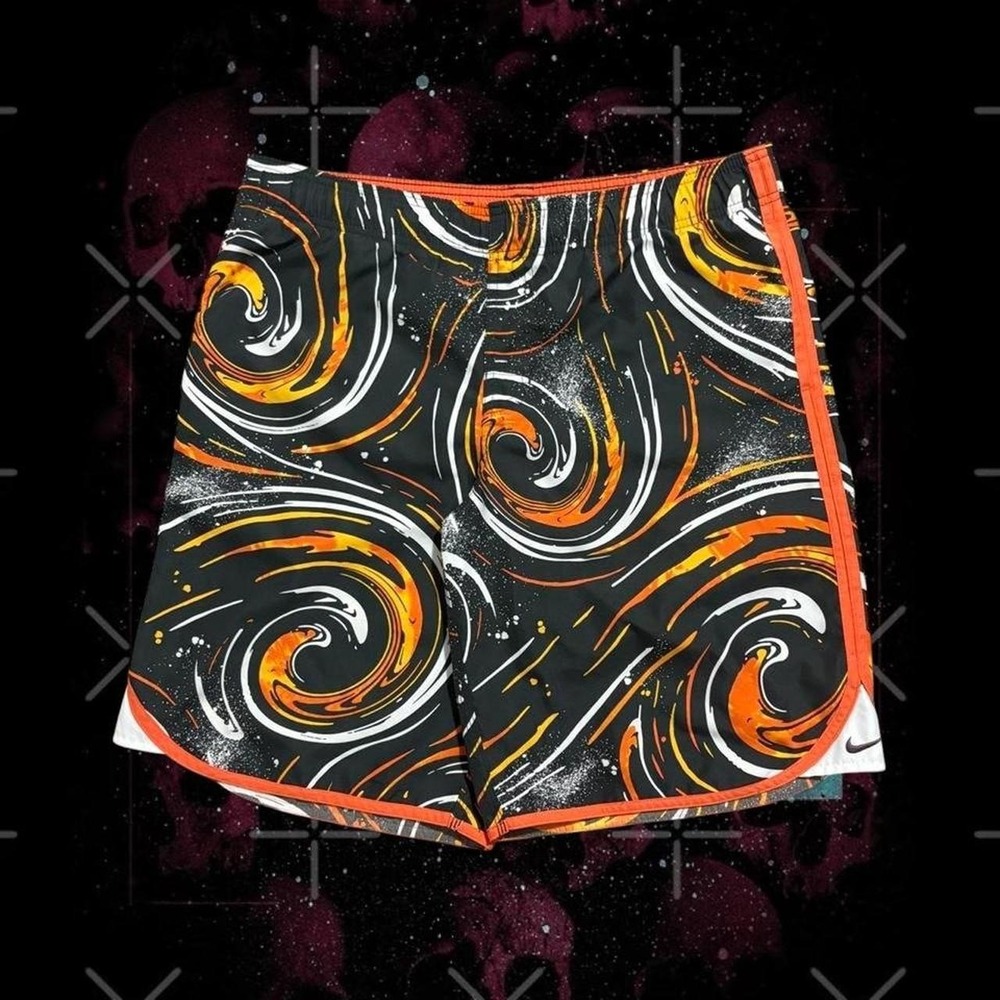 Vintage Y2K Nike Swim Trunks Orange Black Swirl Pattern Shorts XL